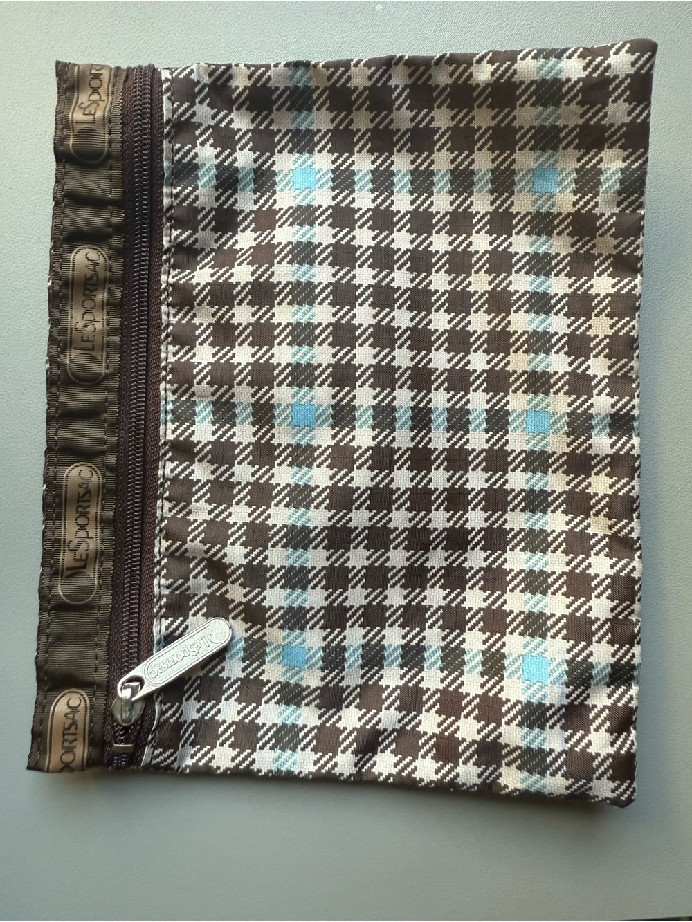 LeSportsac Plaid Zip Cosmetic Makeup Travel Pouch Brown Blue